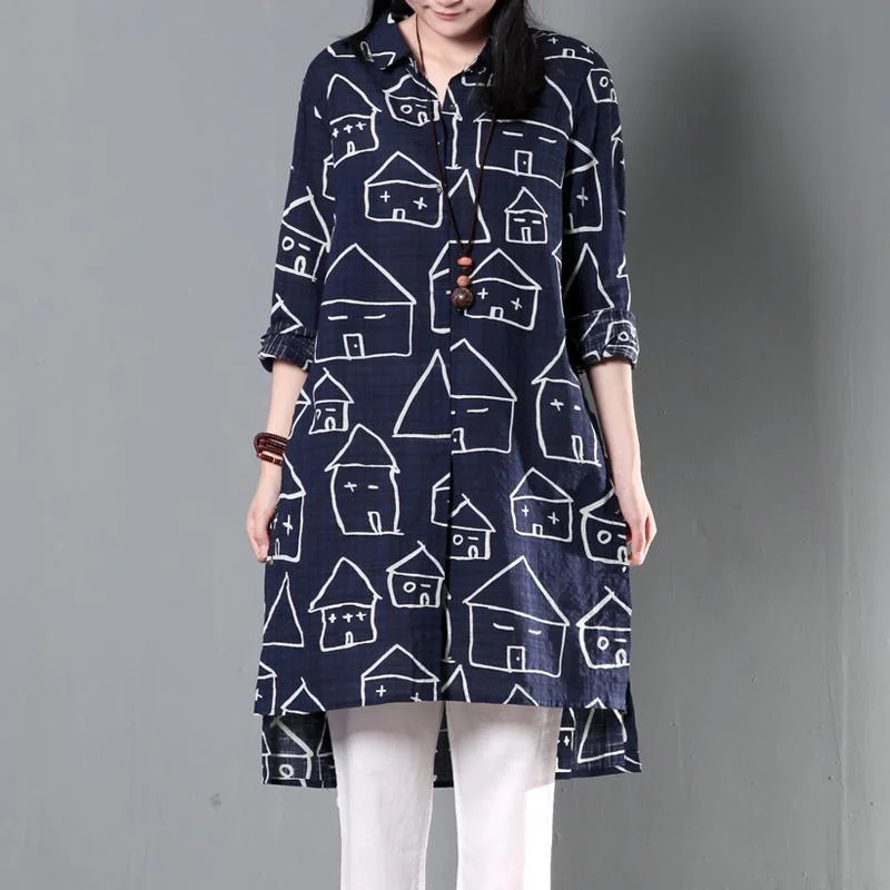 Navy happy house print cotton shirt dress summer shift dresses asymmetrical sundress