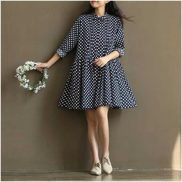 New blue dotted sundress plus size cotton summer dresses navy