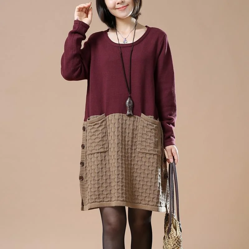 New pattern knit burgundy sweaters oversize dresses