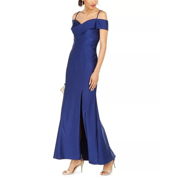 Nightway Women's Off-The-Shoulder Sateen Slit Gown Navy Size 8