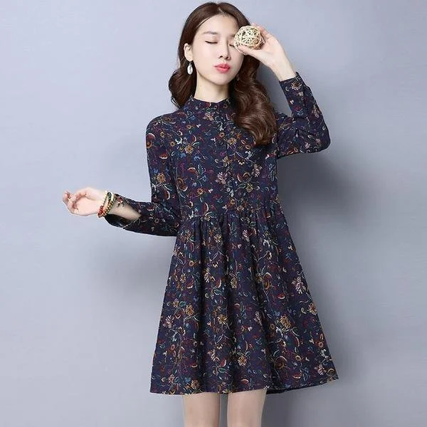 omychic cotton linen vintage floral women casual loose mini autumn spring dress