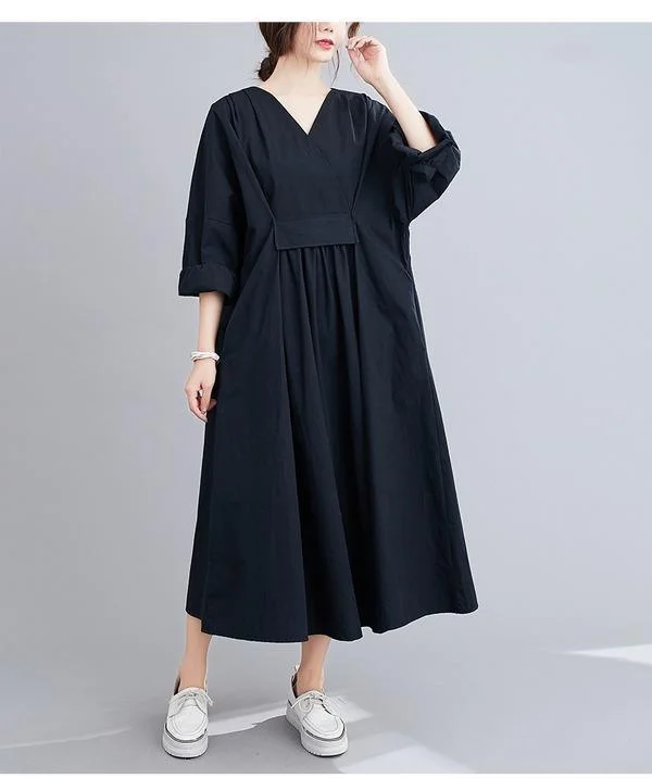 omychic plus size black cotton vintage for women casual loose spring autumn dress