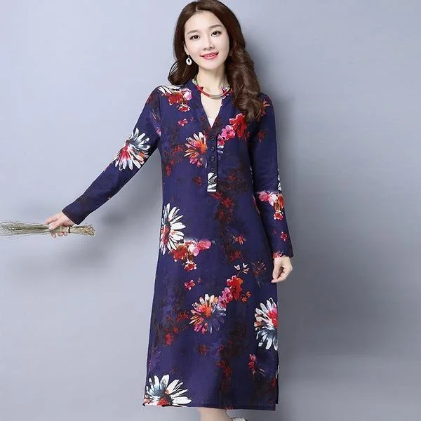 omychic plus size cotton linen vintage floral women casual loose autumn spring dress elegant vestidos clothes 2020 dresses