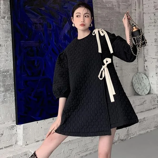 Patchwork Bow Solid Dress Women 2020 Temperament All Match Puff Sleeve Women Clothes