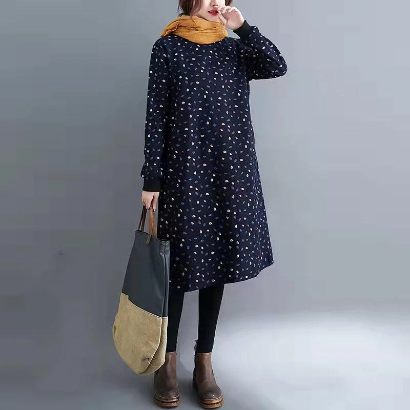 Plus Size Cotton Vintage Floral For Women Casual Loose Autumn Winter Dress