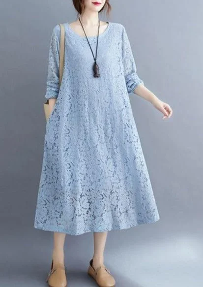 Plus Size O-neck Solid Color Dress Women Casual Lace Dress