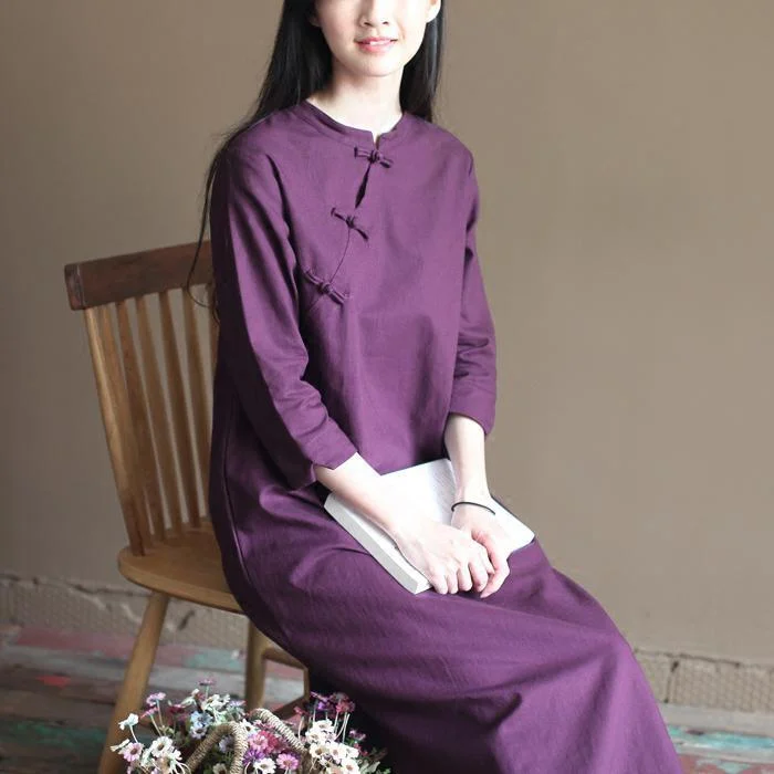 Purple cotton dresses bracelet sleeve linen dress plus size