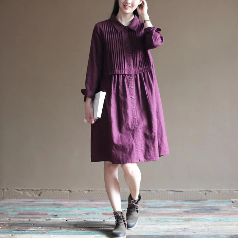 Purple linen dresses long sleeve cotton dress vintage style