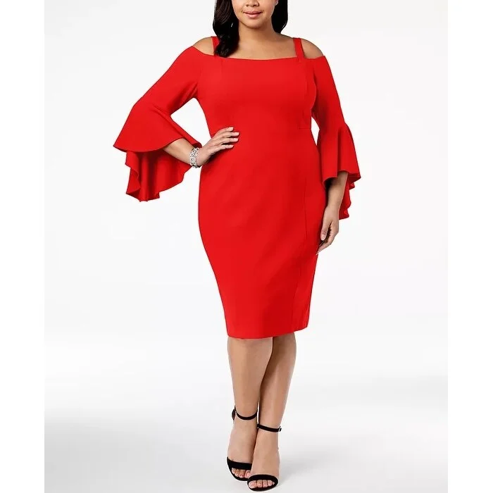 R & M Richards Women's Plus Off The Shoulder Flared Sleeve Dress Red Size 22W