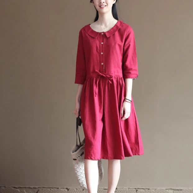 Red linen sundress half sleeve fit flare dresses