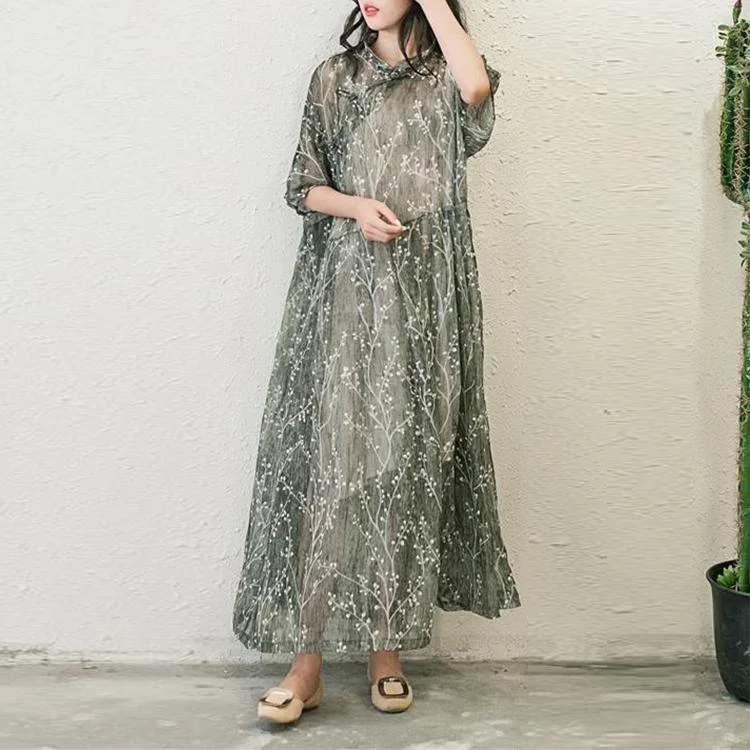 Stylish Print Chiffon Dresses Plus Size Casual Sundress Button Half Sleeve Maxi Dress