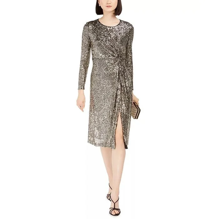 Taylor Women's Dresses Stretch Sequin Twist Front Long Sleeve Dress Gold Size 10