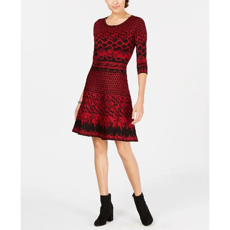 Taylor Women's Jacquard Fit & Flare Sweater Dress Red Size Small