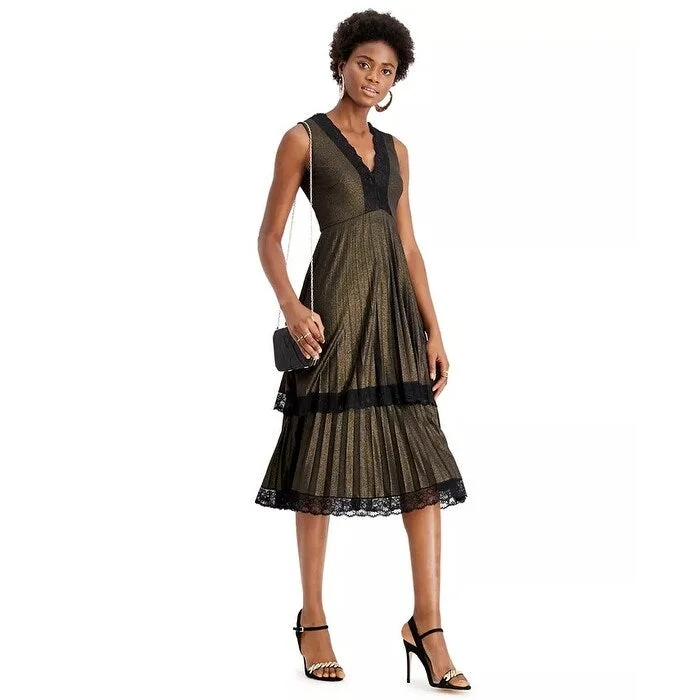 Taylor Women's Pleated Double Tiered Dress Metallic Black Size 10