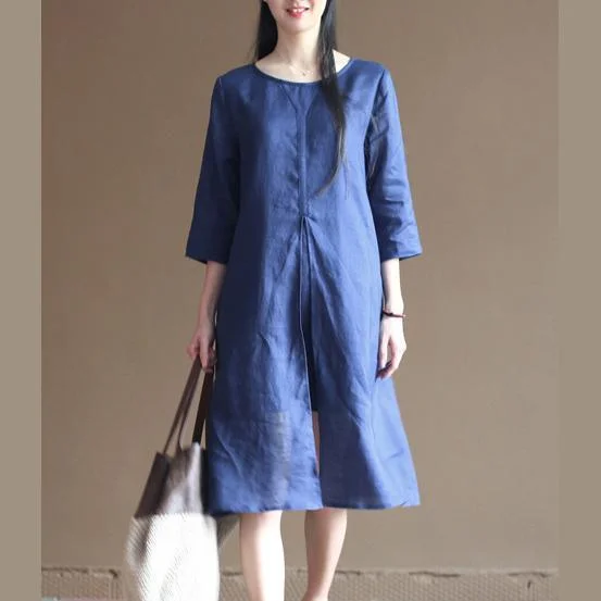 Unique Blue half sleeve linen sundress casual shift dresses