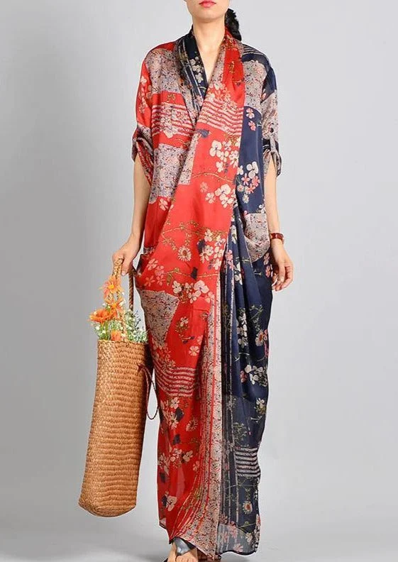 Unique Red Print Silk Blend Robes V Neck Robes Maxi Dress