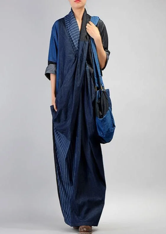 Unique V-Neck Linen Patchwork Robes Neckline Denim Blue Dress