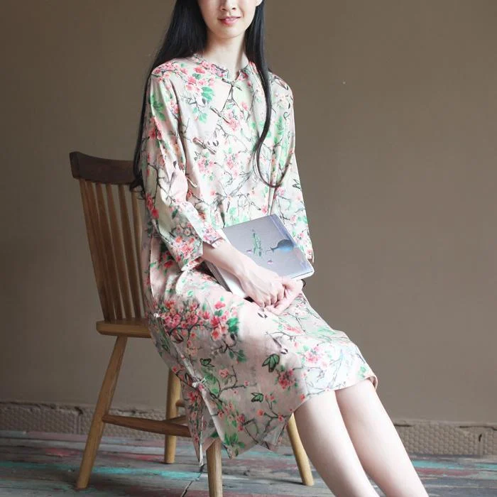 Unique wintersweet flower print linen dresses quiet cotton maxi dress