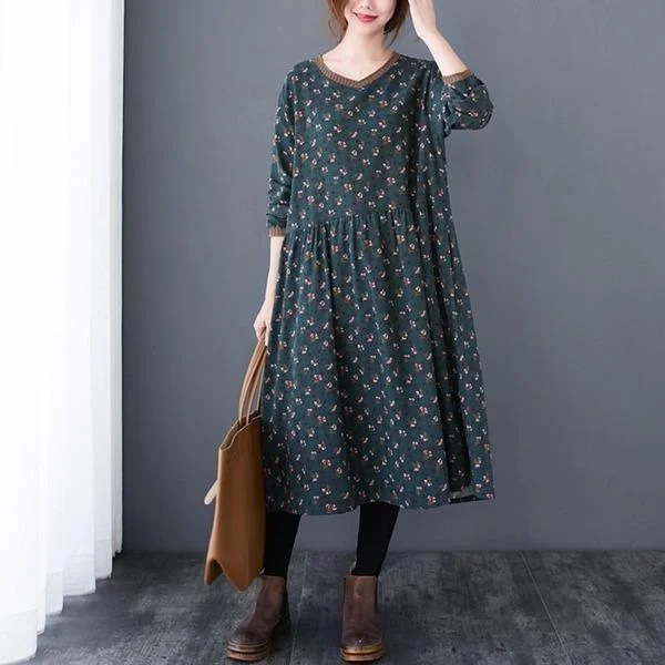 Vintage Print V-neck Loose Comfortable Female Long Dress