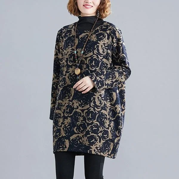 Vintage Style Floral Print Turtleneck Thick Warm Female Cotton Linen Dresses