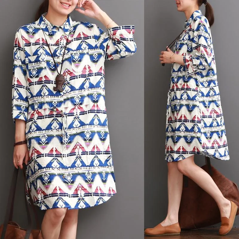 Waves print linen shirt dresses plus size cotton clothing