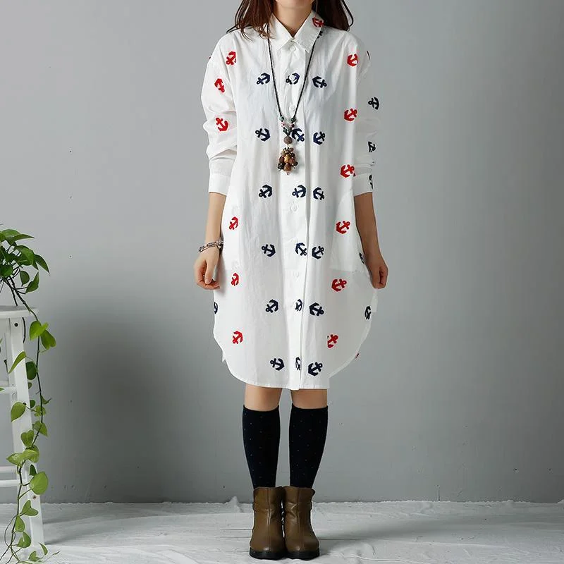 White embroideried shirt dresses plus size dress cotton