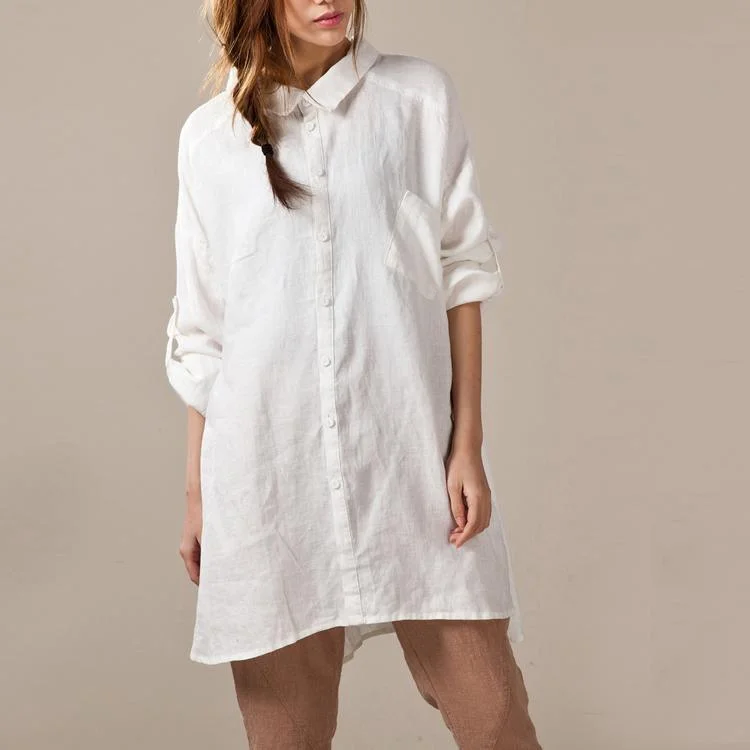 White linen shirts long sleeve oversize womens linen dresses plus size linen clothing buttons back