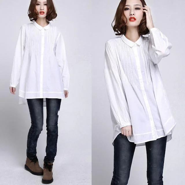 White oversize long cotton shirts long sleeve cotton dress blouse