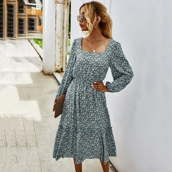 Women Long Dress Spring Winter Long Sleeve Elegant Ladies Flower Square Collar Dresses Party