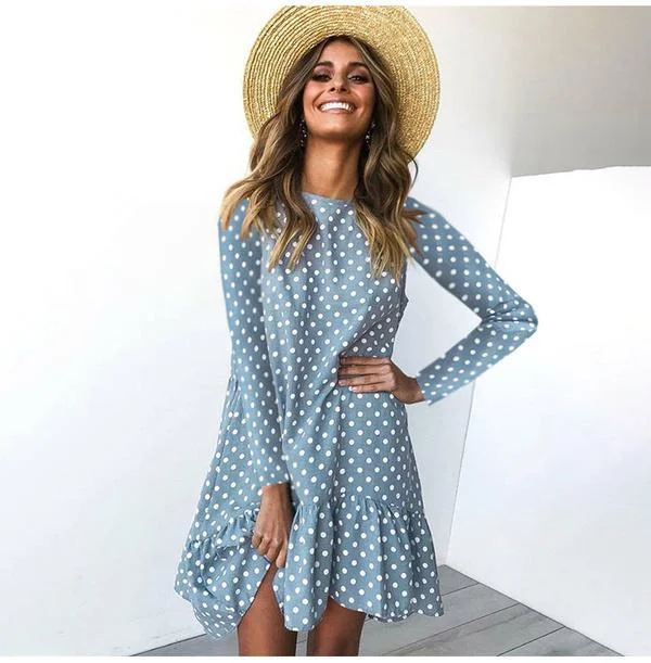 Women Spring Dress Fashion Polka Dot Chiffon Dress Long Sleeve O Neck Ruffle Female Casual Yellow Dress